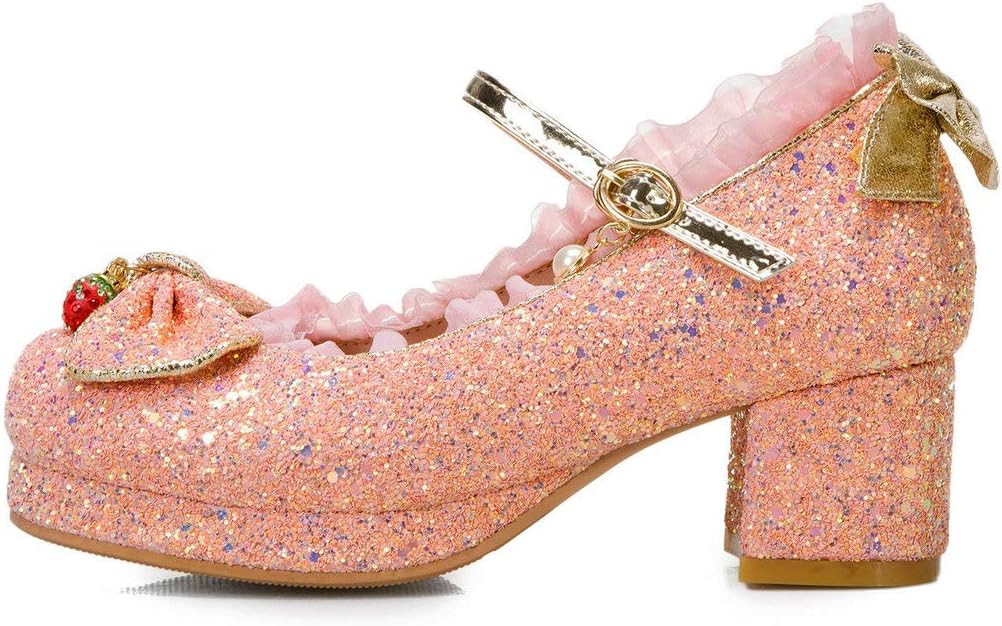 KOKOMOMO Womens Glitter Chunky Mary Janes Platform Shoes Sequin Pumps with Bow Kawaii Shoes