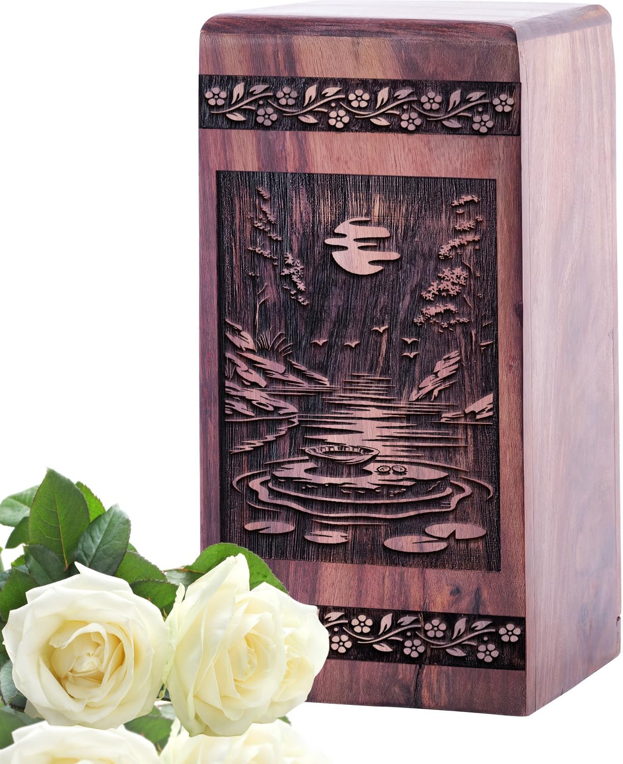 Lily Pond Funeral Wood Urns for Human Ashes Adult Female & Male, Cremation Urn for Human Ashes Adult Women & Men, Wooden Urn for Decorative, (8 Inch, 115 Cubic Inches)