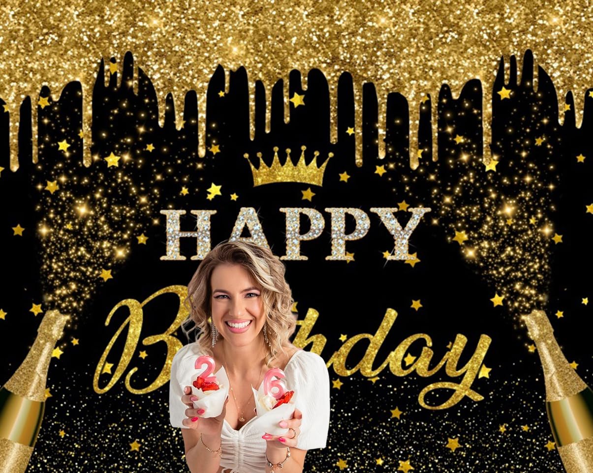 Pancarta de fondo de feliz cumpleaños de 10 x 8 pies con purpurina negra y dorada, fondo de fotografía de feliz cumpleaños, pancarta de feliz cumpleaños para hombres y mujeres, telón de fondo de