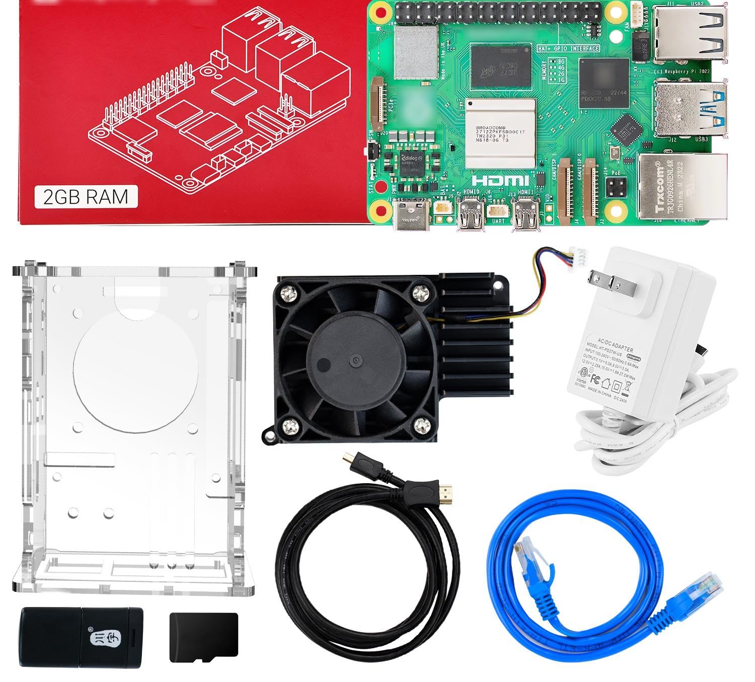Yahboom Pi 5 2GB Development Board Starter Kit with 27W 5.1V/5A Power Adapter Heat Sink, Case, TF Card (Pi5 2GB, Cooling Boost Kit)