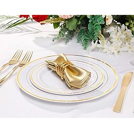 bUCLA 100Pieces Gold Plastic Plates -7.5inch White and Gold Disposable Salad/Dessert Plates - Ideal for Weddings, Party & Thanksgiving