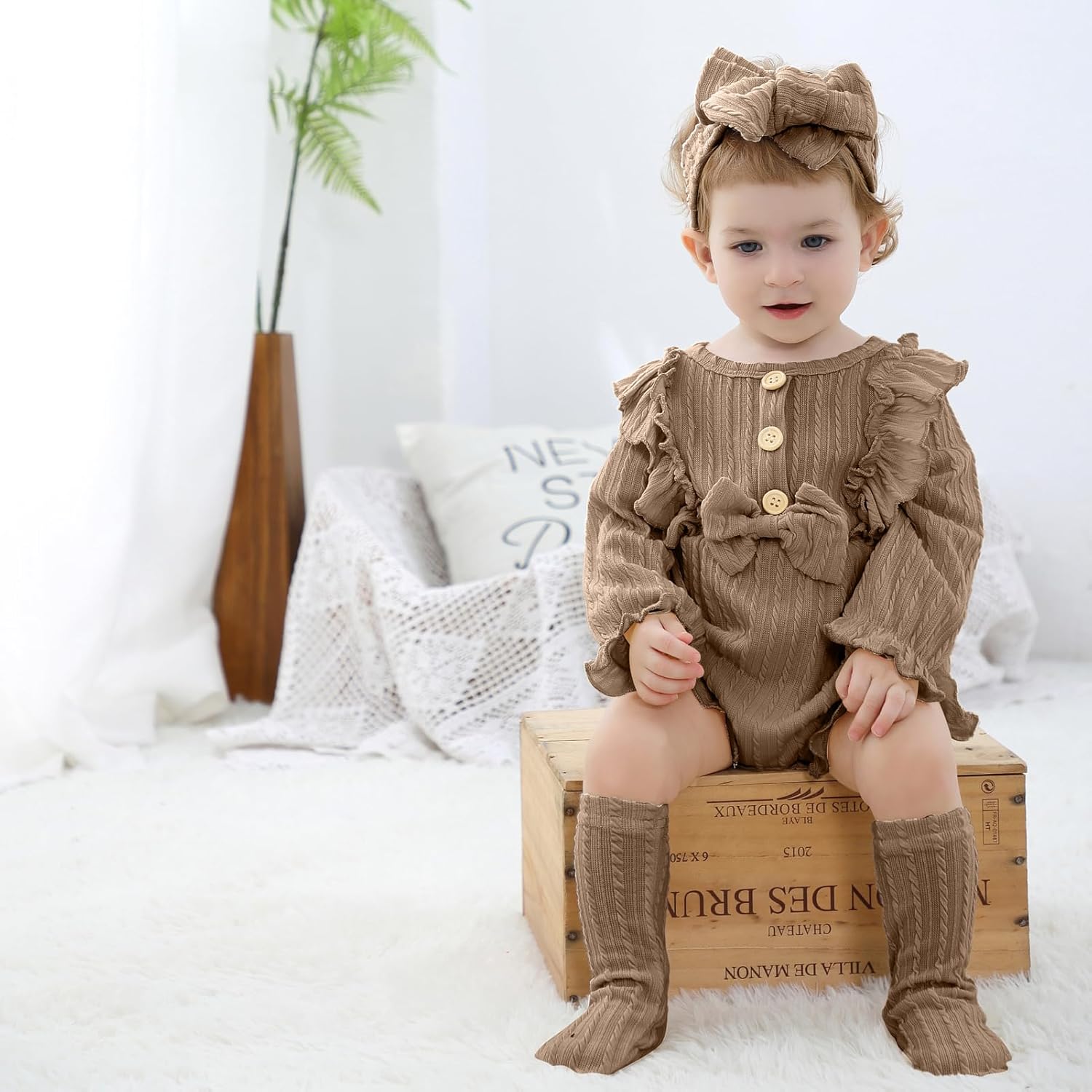 GRNSHTS Newborn Baby Girl Clothes Ruffle Solid Sweater Long Sleeve Romper+Hairband+Socks 3Pcs Fall Winter Outfits - Image 2