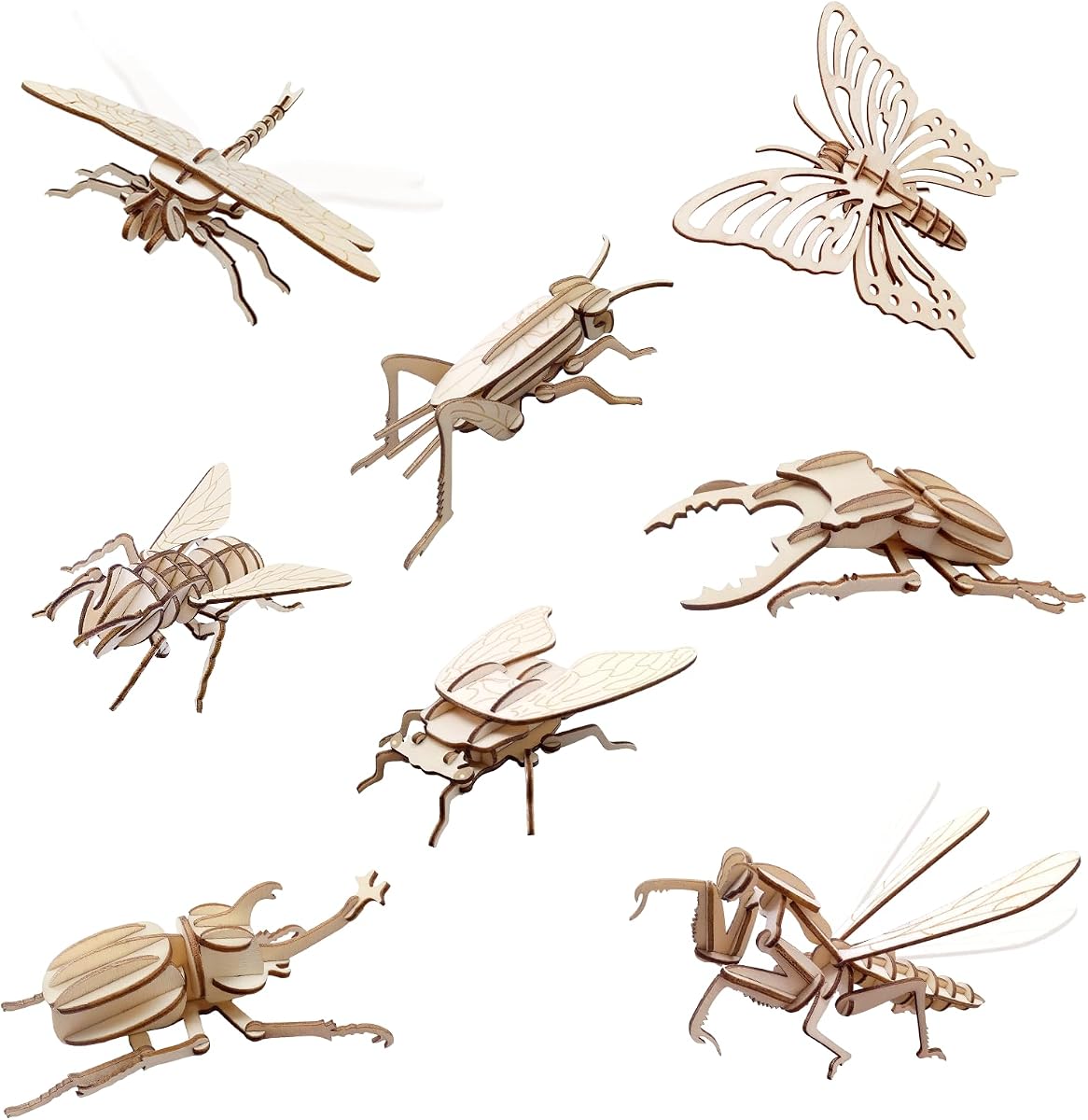 ELX Wooden 3D Puzzles for Kids 6+, 8 Piece Set Insect Animal Models, Wood Building Kits DIY Wooden Crafts Stem Toys peresents for Kids and Adults