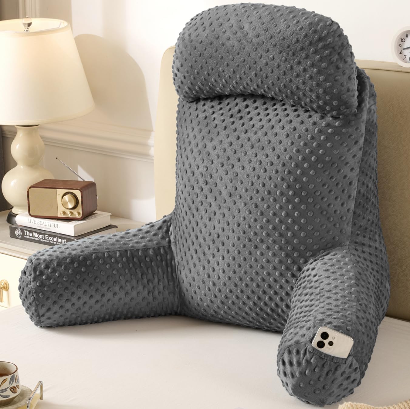 Reading Pillow for Sitting in Bed Couch Adult, Back Pillow for Bed Sitting Up, Back-Rest Support Cushion with Pockets and Arms, Watching TV, Relaxing, Reading, Dark Grey