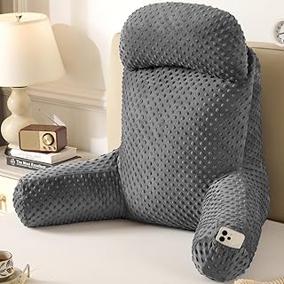 Reading Pillow for Sitting in Bed Couch Adult, Back Pillow for Bed Sitting Up, Back-Rest Support Cushion with Pockets and Arms, Watching TV, Relaxing, Reading, Dark Grey