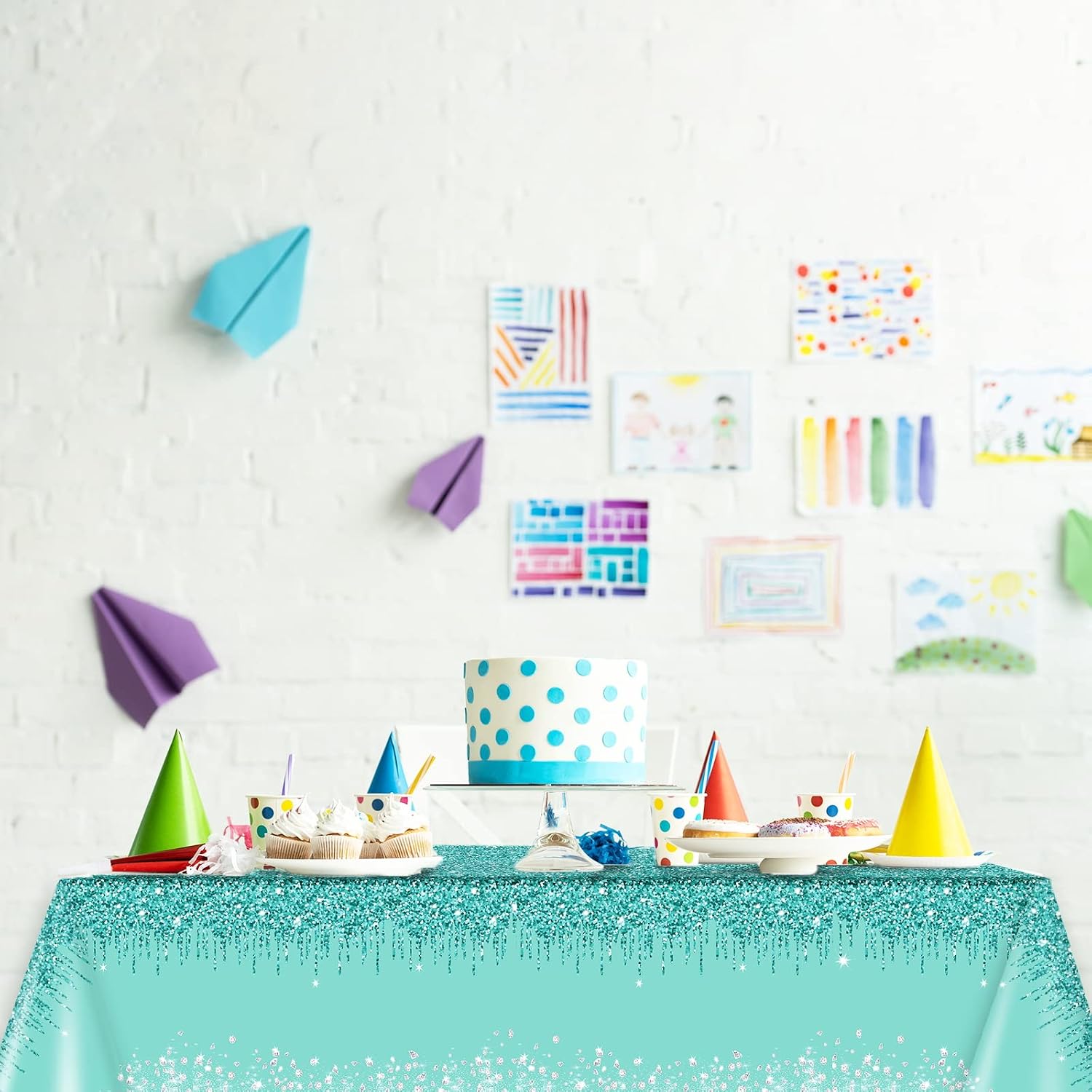 3 Pieces Teal and Silver Tablecloths for Happy Birthday Party Decoration Plastic Disposable Breakfast Blue Birthday Theme Table Covers for Girl Women Silver Glitter Birthday Party Supply, 54x108 Inch