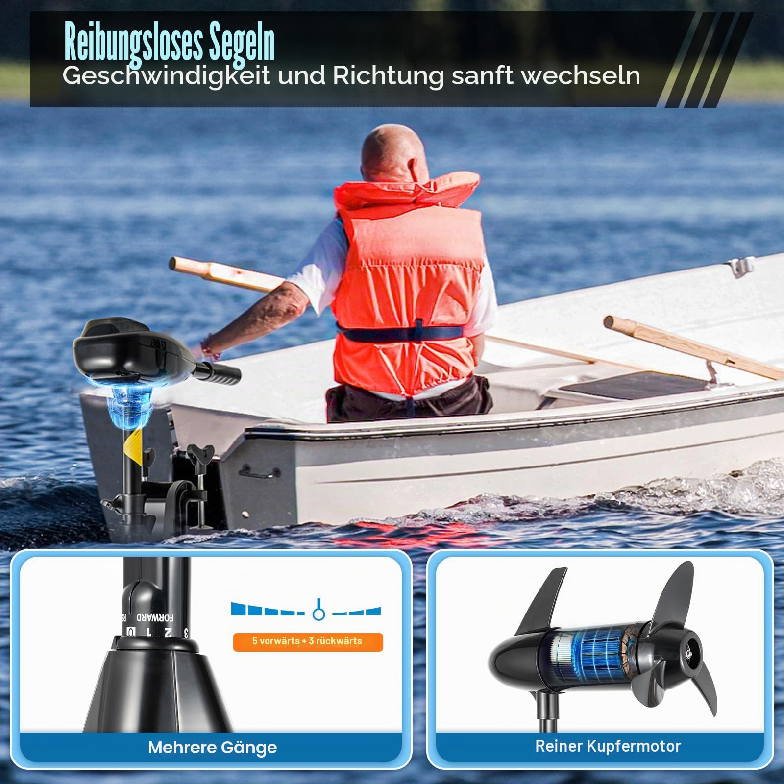Elektromotor Boot 12V 80lbs Schub, Trolling Motor Außenborder für SUP Angelboot Schlauchboot, Echolot kompatibel 5 Vorwärts 3 Rückwärtsgänge