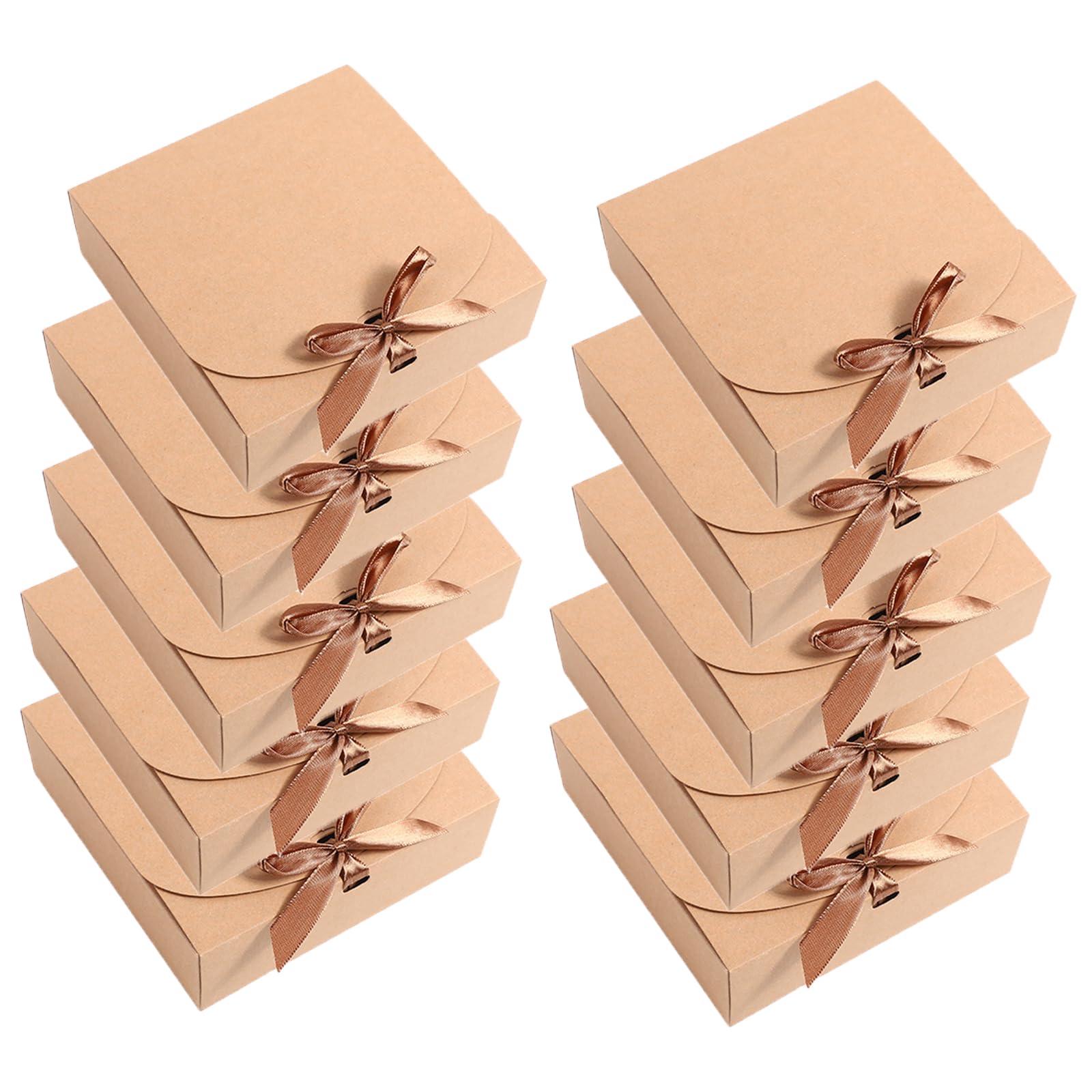 10Pcs Paper Gift Box with Lid & Bow Ribbon 16.5x16.5x5cm Square Shaped Packaging Box Easy Assembly Bridesmaid Proposal Box Kraft Paper Presentation Boxes for Parties, Christmas, Birthday, Wedding