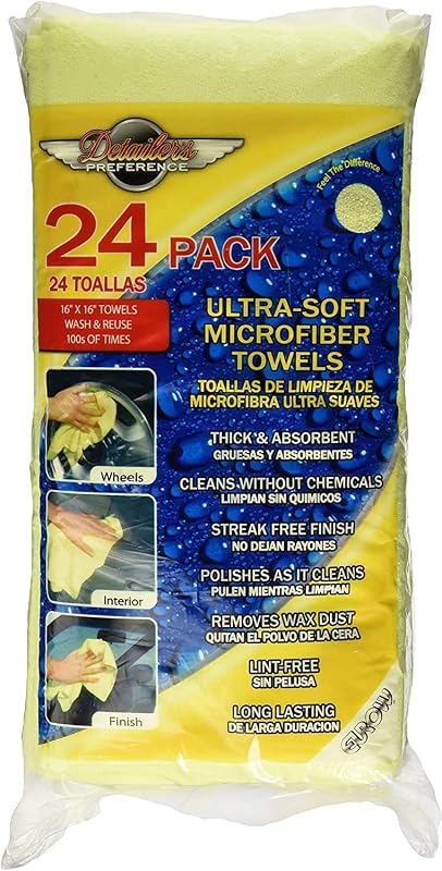 325 GSM Microfiber Deluxe Cleaning Towels, Ultra-Soft, Streak-Free, Reusable, High Absorbency for Car, Home, Garage, Detailing, Safe on All Surfaces, Machine Washable, 16x16in, 24-Pack, Yellow