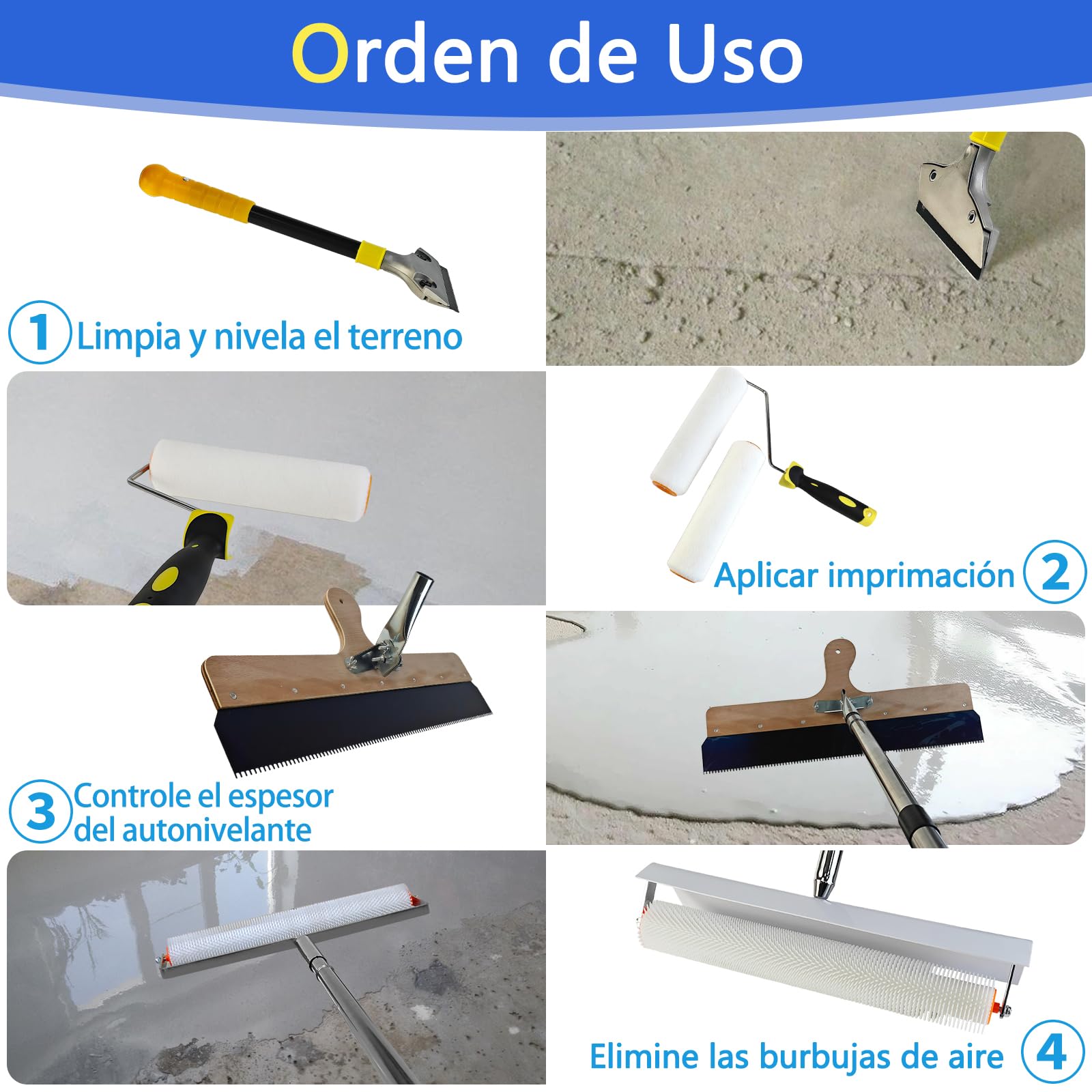 VKE Rodillo Púas Autonivelante 50cm Antisalpicaduras,Palo Telescópico 162cm | Incluye Rascador Autonivelante 56cm y Zapatos Aireadores para Césped, Set Completo Herramientas Para Autonivelante