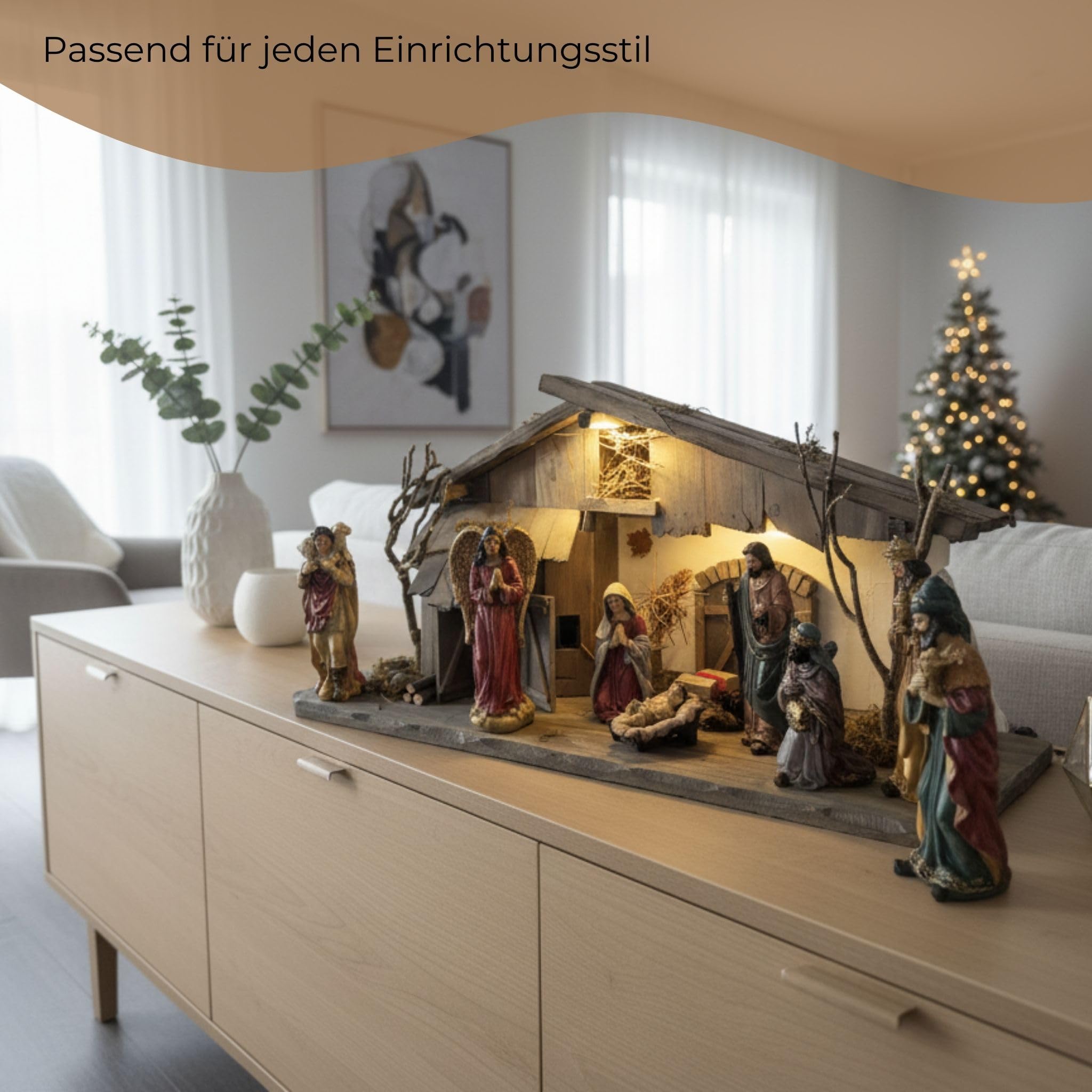 matches21 HOME & HOBBY XXL Weihnachts-Krippe 60 x 27 cm - Große Holz-Krippe als innen Fensterdeko Tisch-Krippe