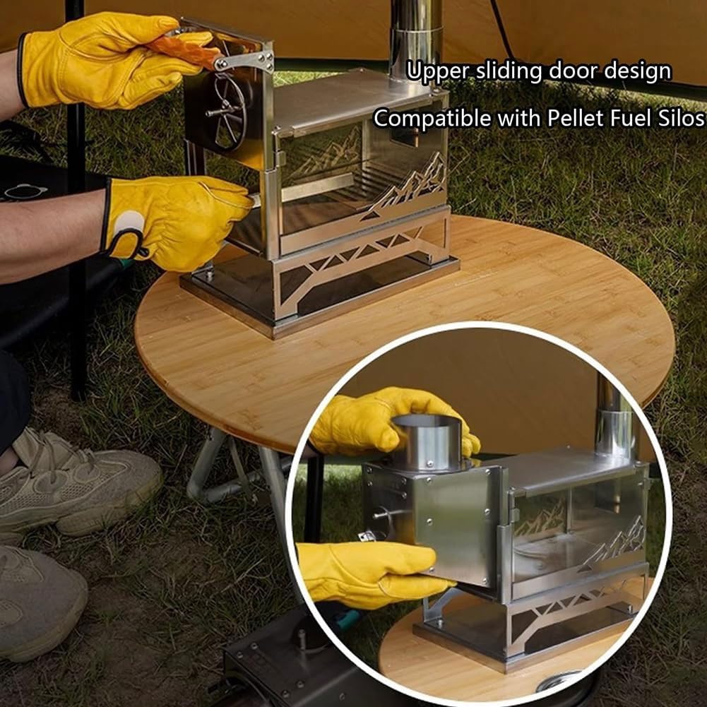 Poêle à bois portable avec fenêtre en verre ignifuge et tuyau de cheminée, idéal pour le camping, la randonnée et le pique-nique
