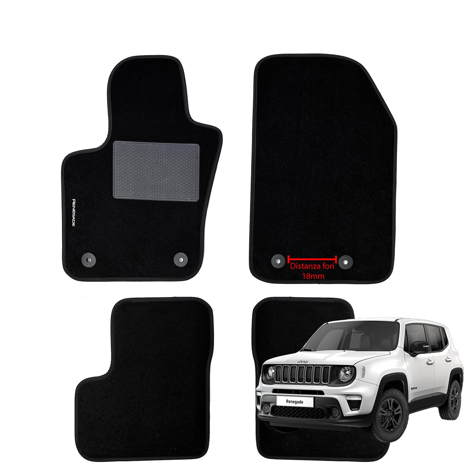 SERIE 4 TAPPETI - TAPPETINI IN MOQUETTE NERI PER RENEGADE 2014 a 2019 -bottoni lato apsseggero distanti 18mm con battitacco Cucito, Bottoni di Fissaggio e Striscia Antiscivolo
