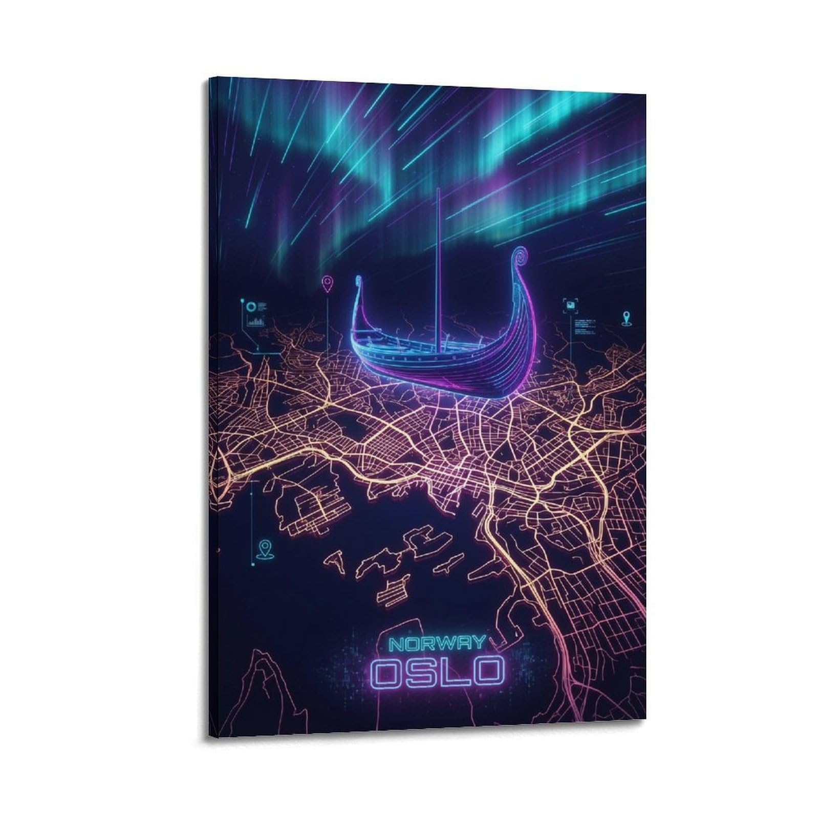 XKUGA Norway Oslo 80s Neon Map Gamer Room Poster Modern Decorative Canvas Prints - Ideal Wall Art for Family, Man Cave, Game Room, Boys & Girls Bedroom 24x36inch(60x90cm)