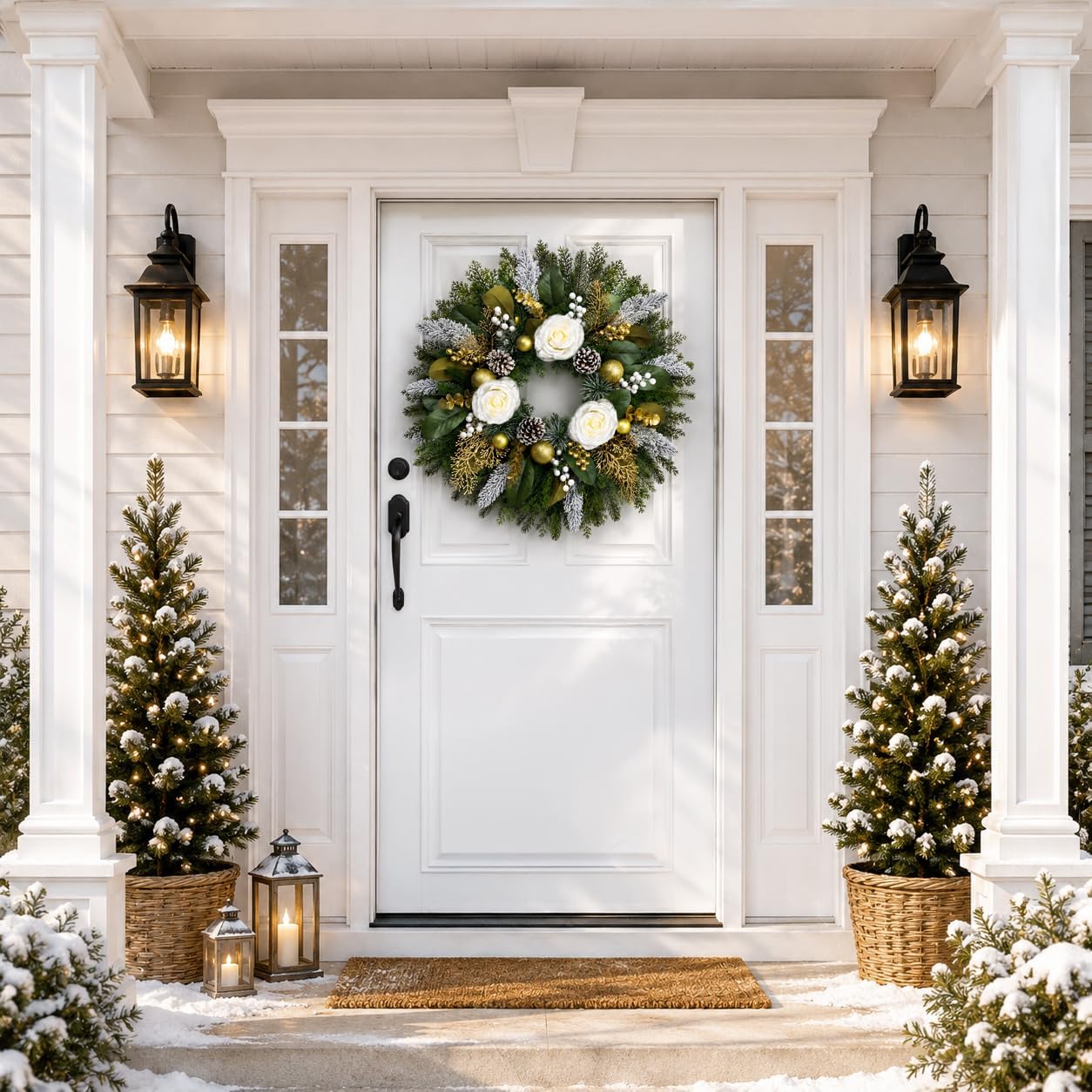 28 Inch Christmas Wreath for Front Door, White Rose Gold Winter Wreath