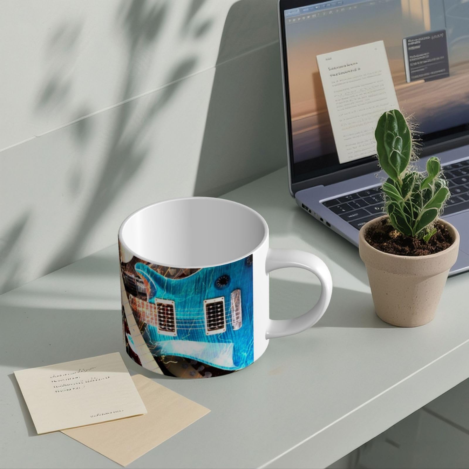 Tazza di caffè in ceramica di grande capacità stampata musica magica della chitarra elettrica