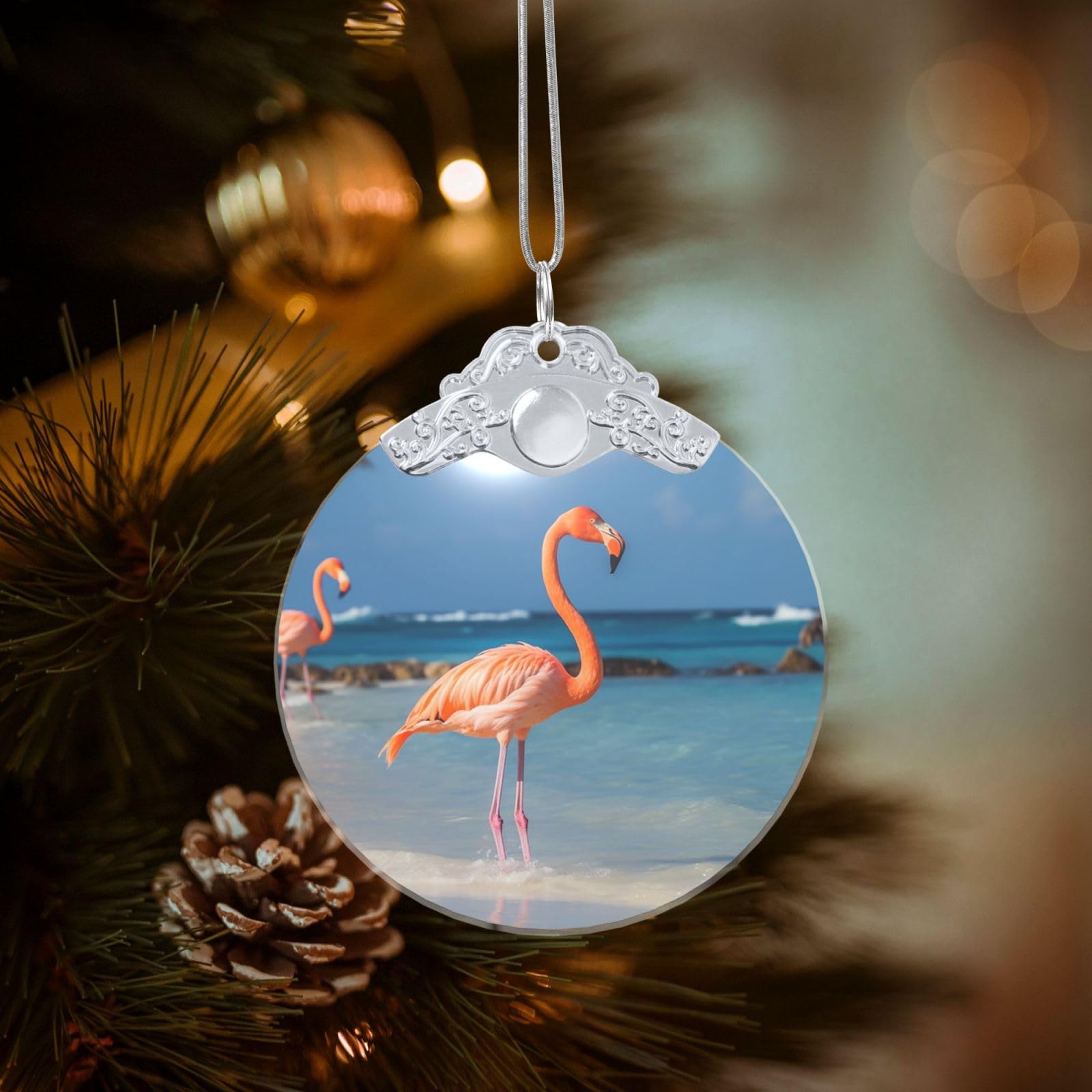 Crystal Christmas Ornaments for Christmas Tree Decoration Hanging Beach Flamingo Ornament with Gold Ribbon Crafts Round Pendant for Keepsake Gifts Glass Xmas Decor Party Supplies