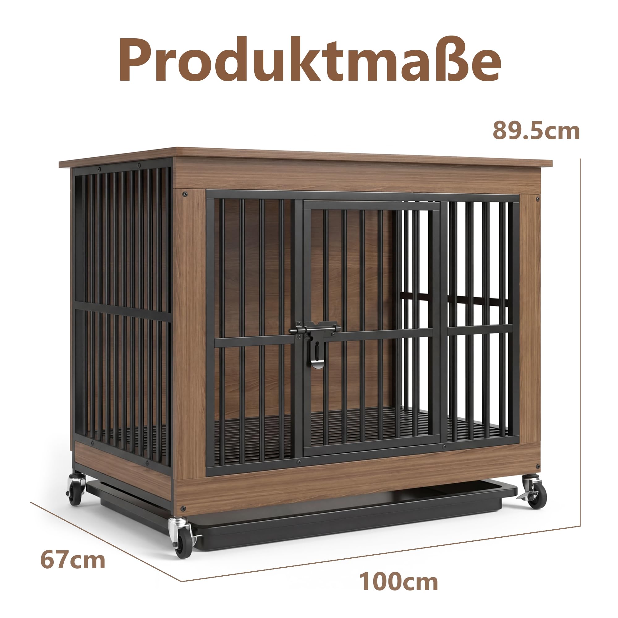 Hundekäfig für Zuhause XXL mit Rollen Bodenwanne große/mittlere Hunde für den Innenbereich Holz Metall möbel Hundemöbel (100x67x89.5cm)