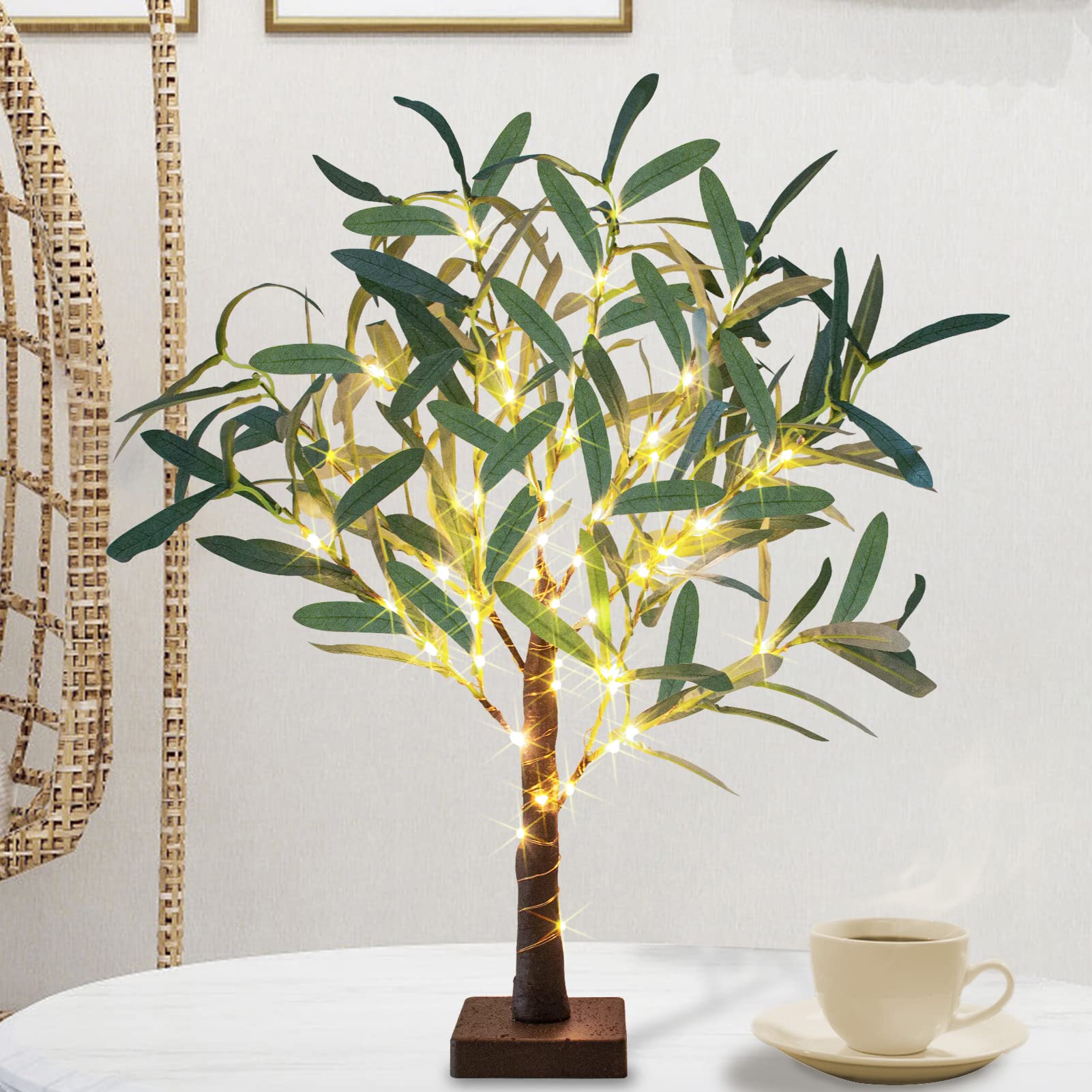 FastDeng 60LED Lighted Olive Tree Decor - 1.5FT Light Up Tabletop Artificial Greenery Tree with Fairy Lights, 12 Branches, Timer Function, Battery Operated Faux Plant for Home Wedding Christmas Decor