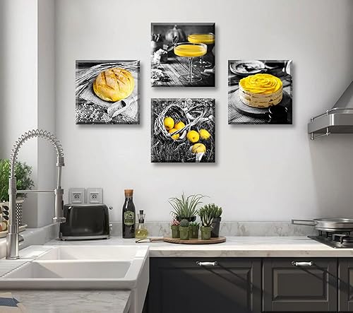 Miniatura 3 de DJSYLIFE Decoración de pared para cocina, blanco y negro, amarillo, arte de pared, pan, pastel, fruta, cuadros, lienzo, pinturas para cafetería,