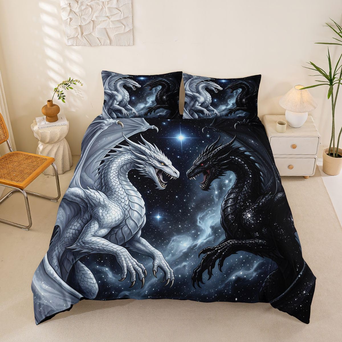 Homemissing Dragon Duvet Cover Set Double Size Ancient Wildlife Duvet Cover for Boys Girls Black White Bedding Set 3Pcs Room Decor