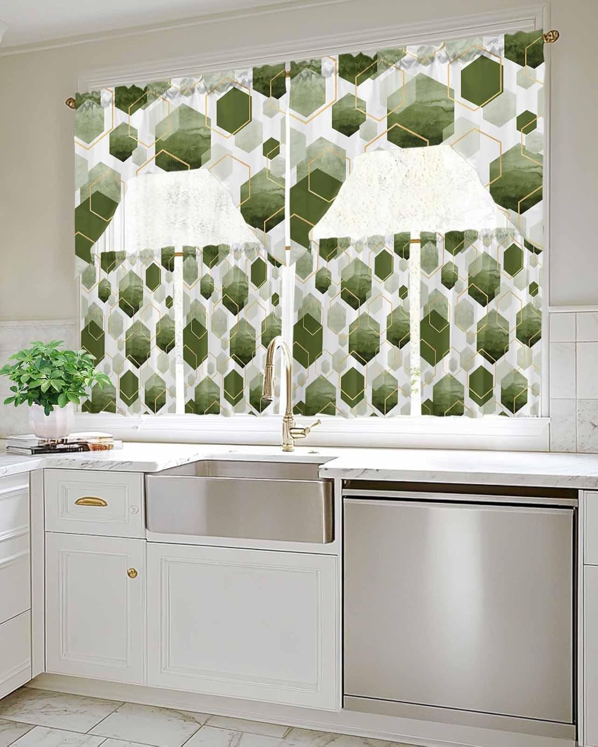 Sage Green Swag Kitchen Curtain Sets with Valance,3 Pieces Rod Pocket Curtain Drapes for Bedroom Living Room Bathroom Cafe Windows,Geometric Abstract Minimalist Gold White 56x36&36''x27.5''x2Panels