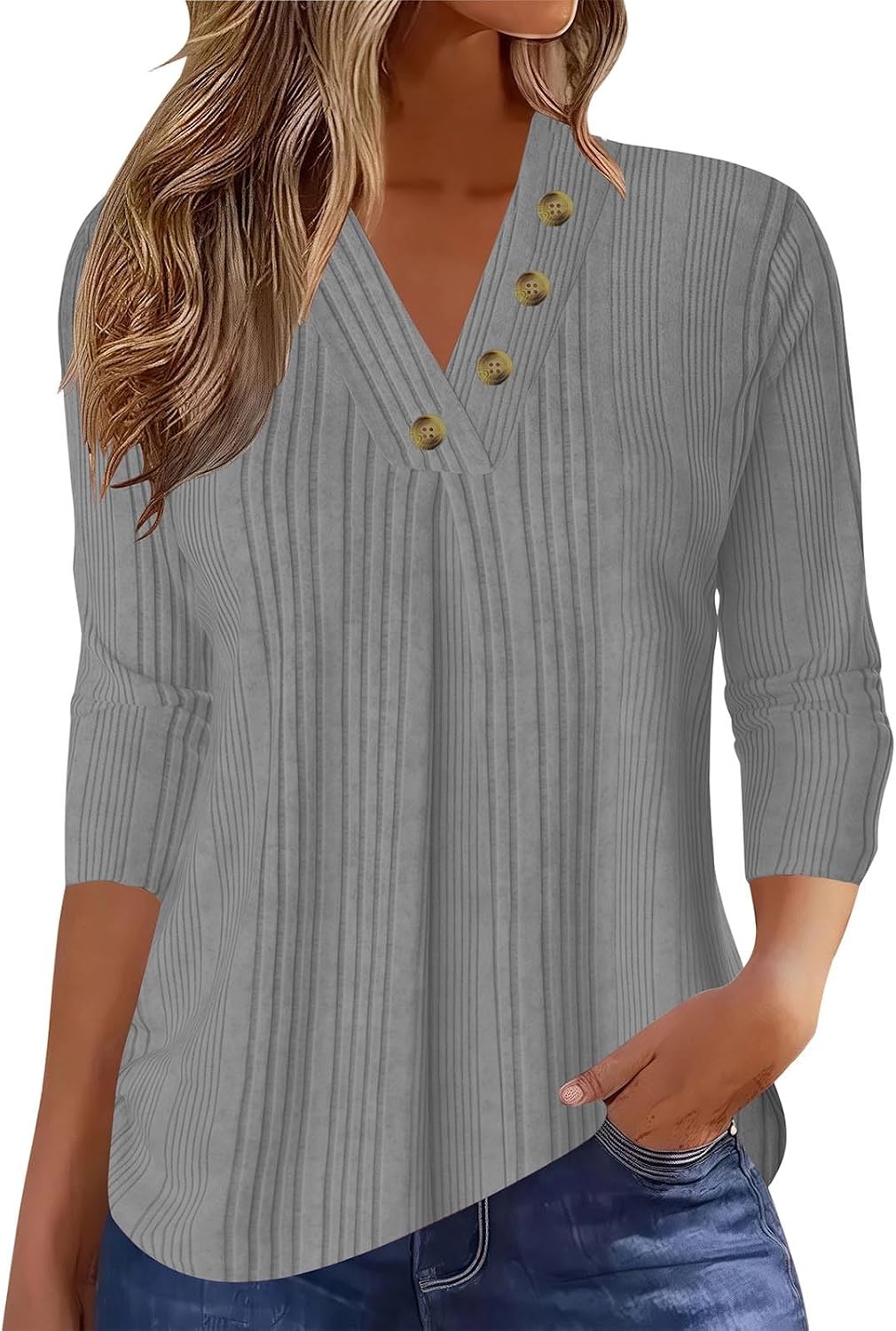 HGps8w Women's Ribbed Knit Casual Tops, Loose V Neck Long Sleeve Tunic Shirts Dressy Business Casual Blouse