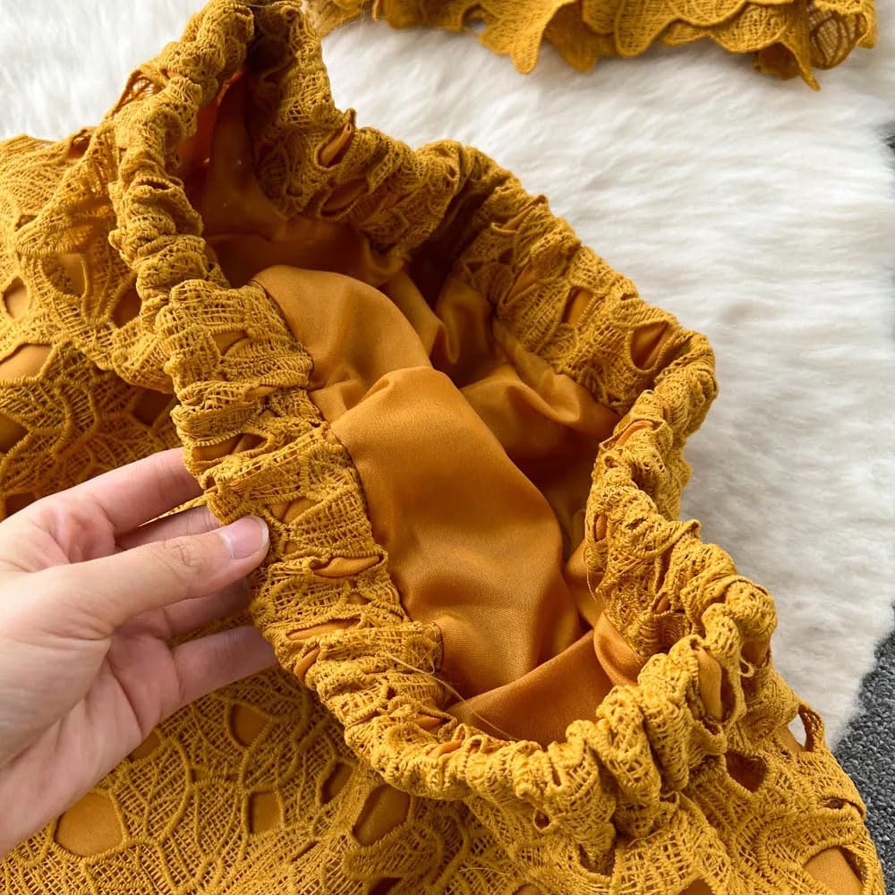 Conjunto de dos piezas de encaje con cuello con volantes y falda plisada midi para mujer