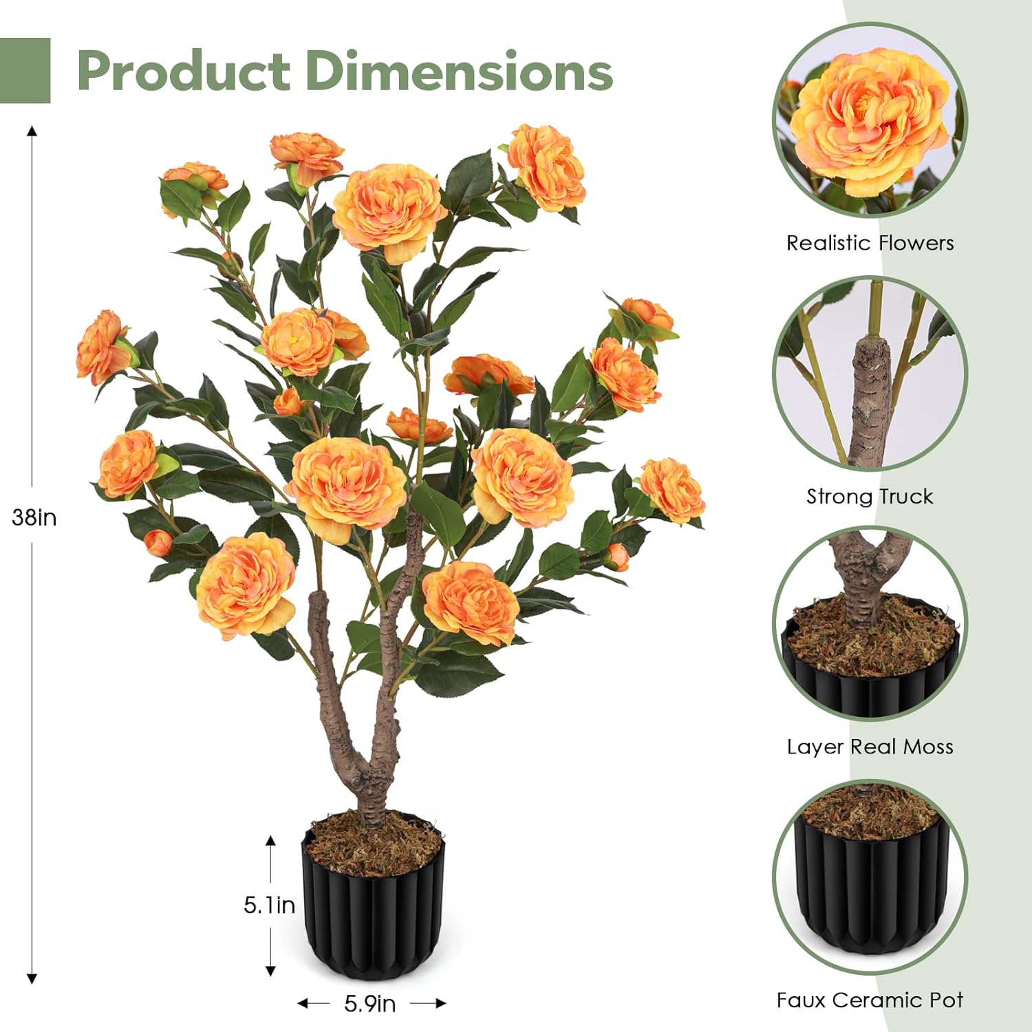Artificial Camellia Tree for Indoor and Outdoor, Faux Flower Tree Plant in Pot Fake Topiaries for Home Front Porch Decor (2, Orange)