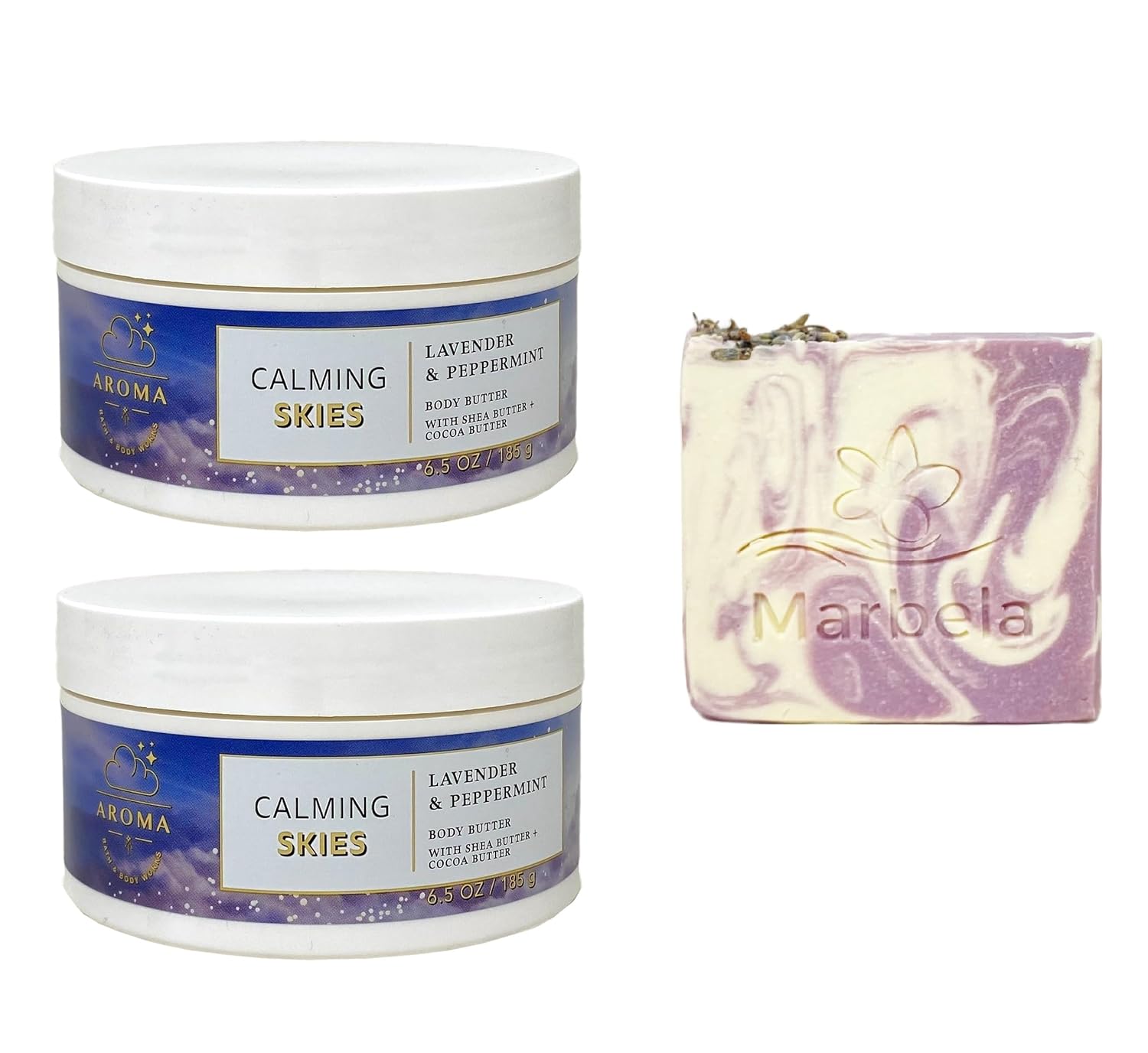 Bath & Body Works Aroma Calming Skies Lavender Peppermint 2 Pack Body Butter Set with a Lavender Dream Bar Soap