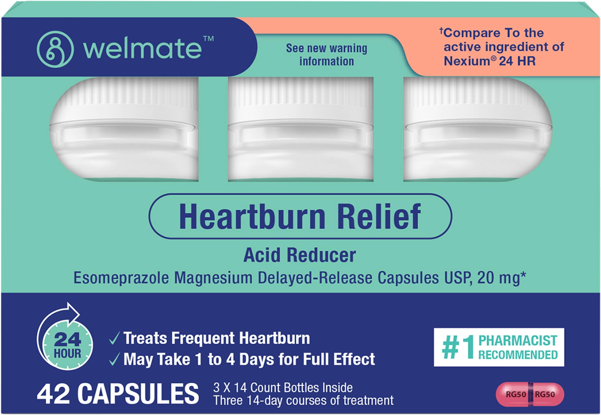 Esomeprazole Magnesium 20 mg - Heartburn Medicine - Acid Reducer - Delayed Release Heartburn Relief - 24hr Protection - for Men & Women - 42 Capsules - 1 Pack