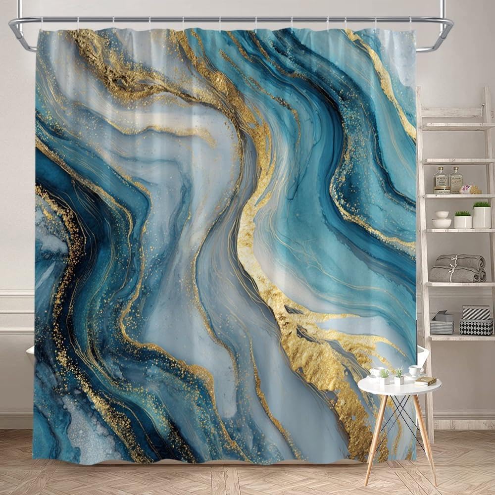 GLWDMB 1 Piece 150x180CM Golden and Blue Abstract Wave Design Printed Shower Curtain With Hook, Polyester, for Windows And Walls, Bathtub, Bathroom, Machine Washable, All Season Universal