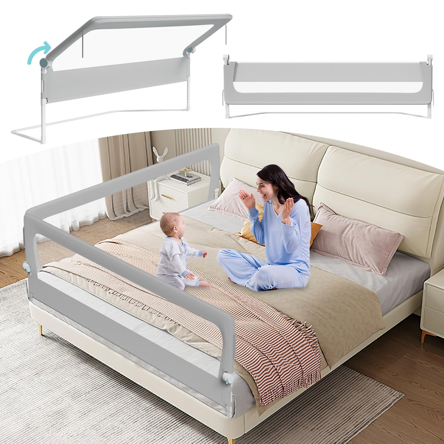 Bettgitter 200 X H68 cm Bettschutzgitter Kinderbettgitter für Kinder,Rausfallschutz Boxspringbett Klappbar Nagelfreie Montage luftiges Rausfallschutz Bett für Kleinkinder Baby,Grau