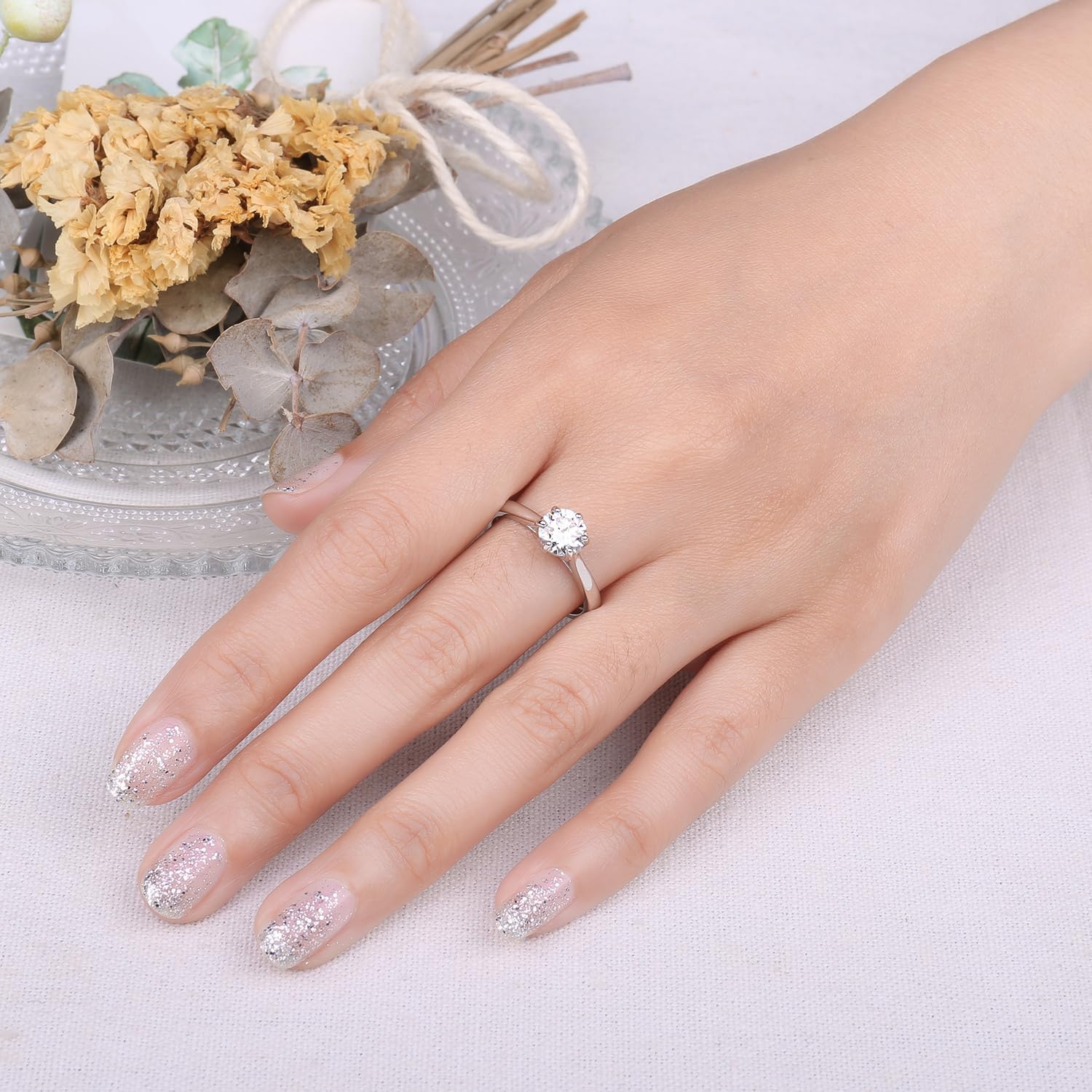 JewelryPalace Classic 0.5-2ct Round Cut Moissanite Solitaire Engagement Rings for Women, 14K White Yellow Rose Gold Plated 925 Sterling Silver Promise Ring, Simulated Diamond Anniversary Rings D-F VVS