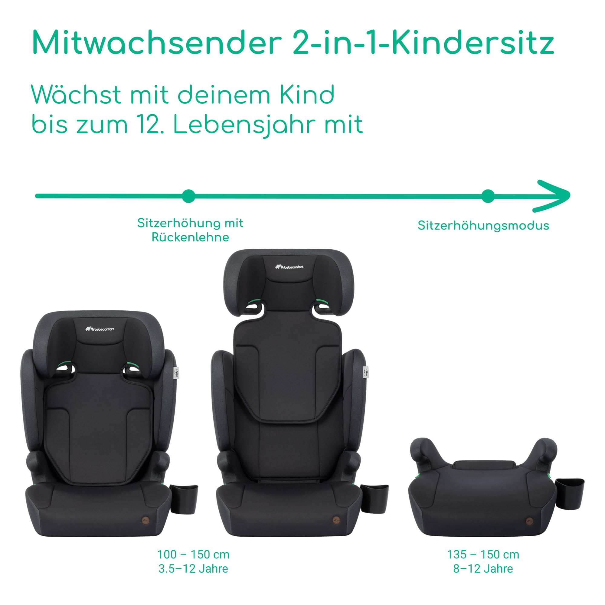 Bebeconfort Ride 2-in-1 i-Safe Kindersitz, 3,5-12 Jahre (100-150 cm), Kindersitz mit Gurt, Abnehmbare Rückenlehne, Leicht (3,4 kg), 11 Kopfstützpositionen, Becherhalter, Full Black