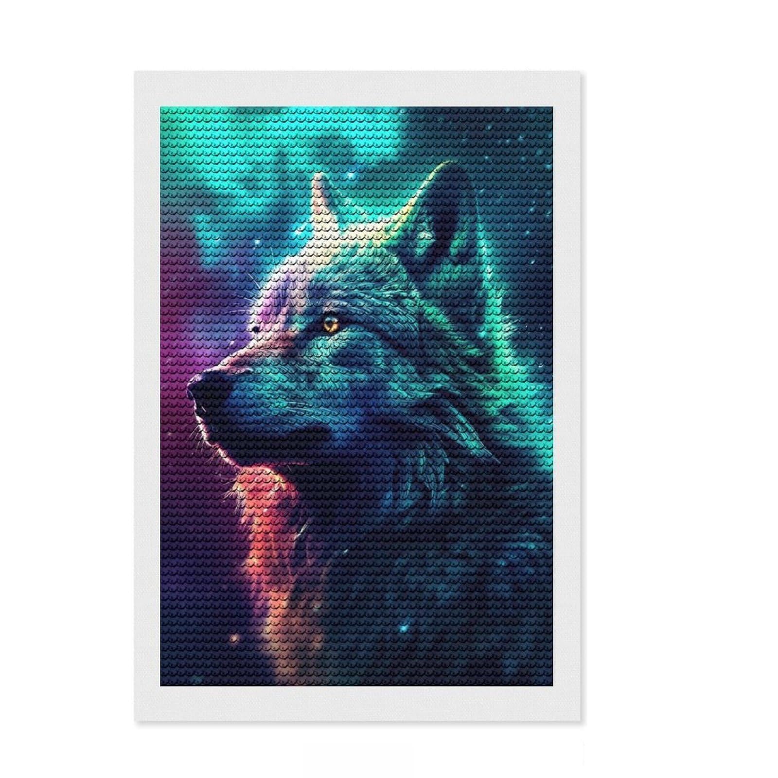 Junmoney Wolf Night Galaxy Aurora Full Drill Diamond Painting Kit 8"x12", Stress Relief Craft, Round Gems, Full Kit Included, Thoughtful Present