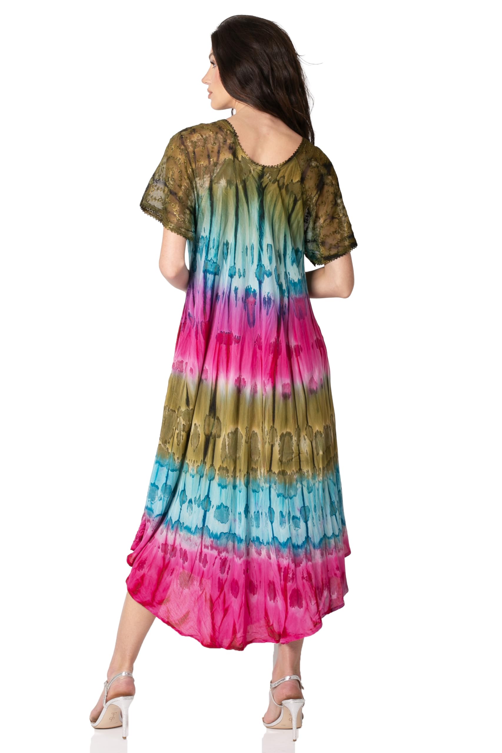Sakkas Sula Long lacé Rayonne Tie-Dye Large col brodé Boho Sundress Cover Up