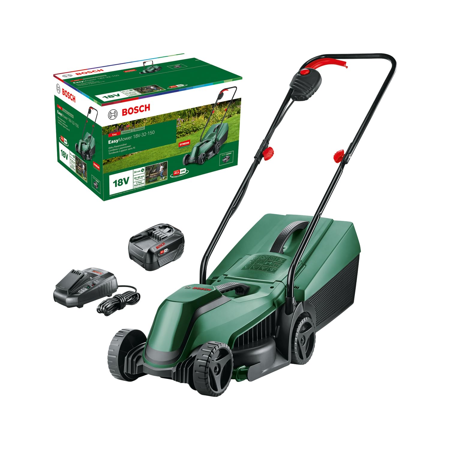 Bosch kosiarka akumulatorowa EasyMower 18V-32-150 (do 100 m2 skoszonej trawy przy zastosowaniu akumulatora 3,0 Ah, system 18V, szerokość cięcia: 32 cm, ładowarka i akumulator 3,0 Ah)