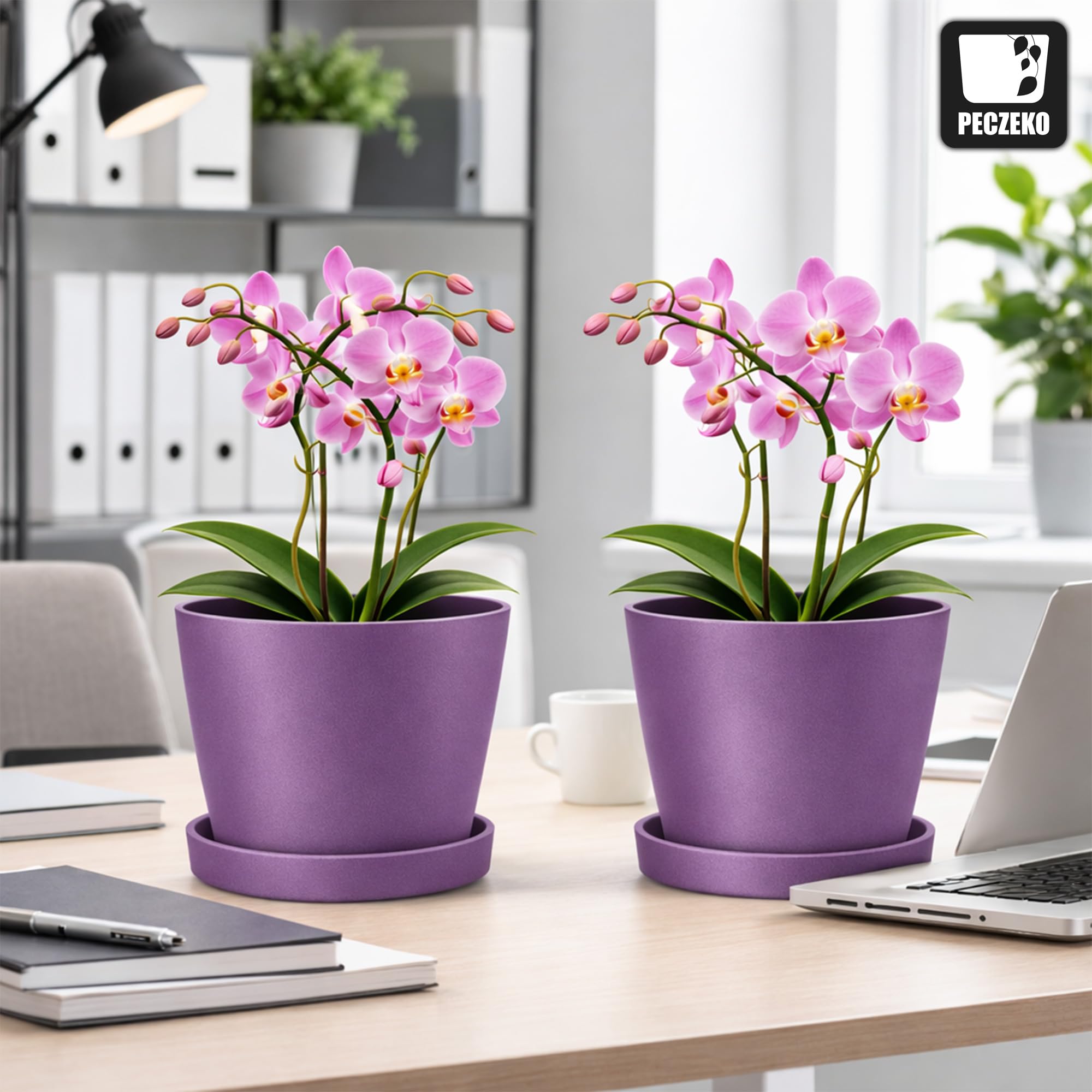 Maceta mate, cubierta de plástico, maceta decorativa para plantas de cualquier tamaño, juego de 2 macetas con platillos, maceta para hierbas, púrpura, ø 30 cm