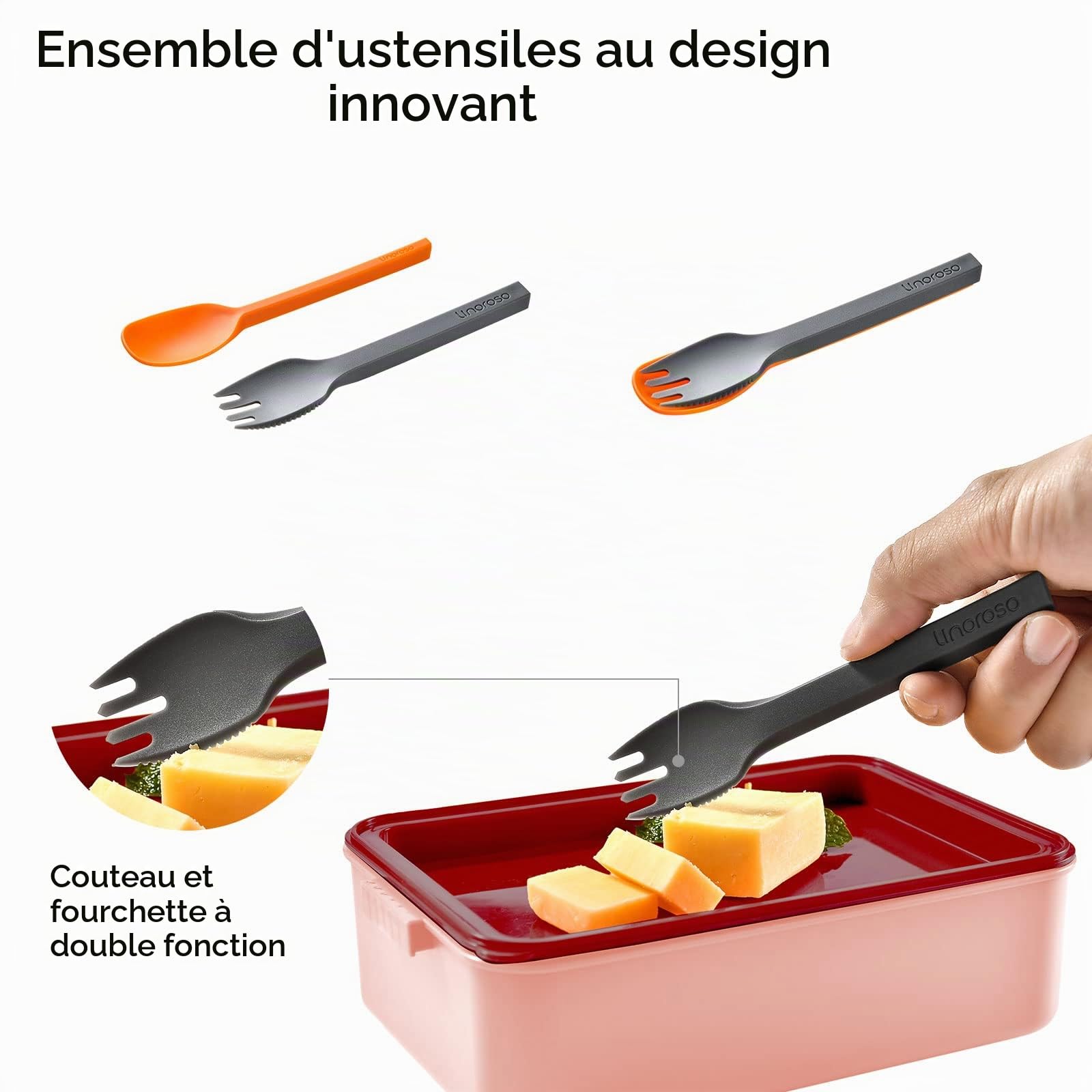 linoroso Bento Lunch Box Boite Repas pour Adulte avec 3 Compartiment Lunchbox avec Récipient à Sauce et Ustensiles Micro Ondable et Lave-vaisselle, Sans BPA Comme Boîte à Sandwich Salade - Rose