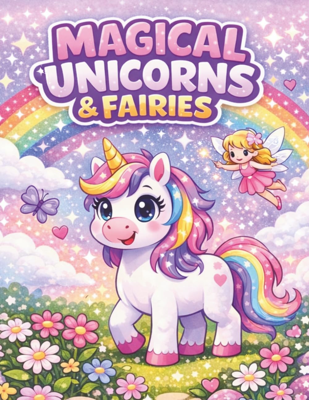 Magical Unicorns and Fairies Colouring Book: Fun and Easy Colouring Pages for Ages 5–8 Featuring Unicorns, Fairies, Rainbows, Butterflies, Flowers, Hearts and Cute Fantasy Scenes