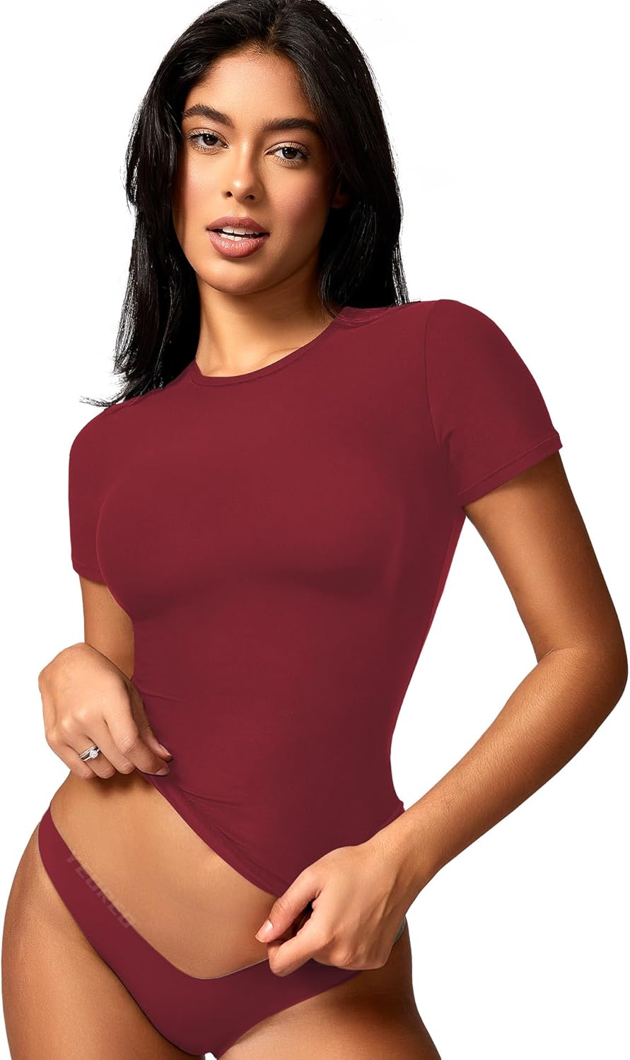 YEOREO Women Fitted Workout Tops Short Sleeve Double Lined Basic Y2K Going Out Crew Neck Compression Crop Top - Image 7