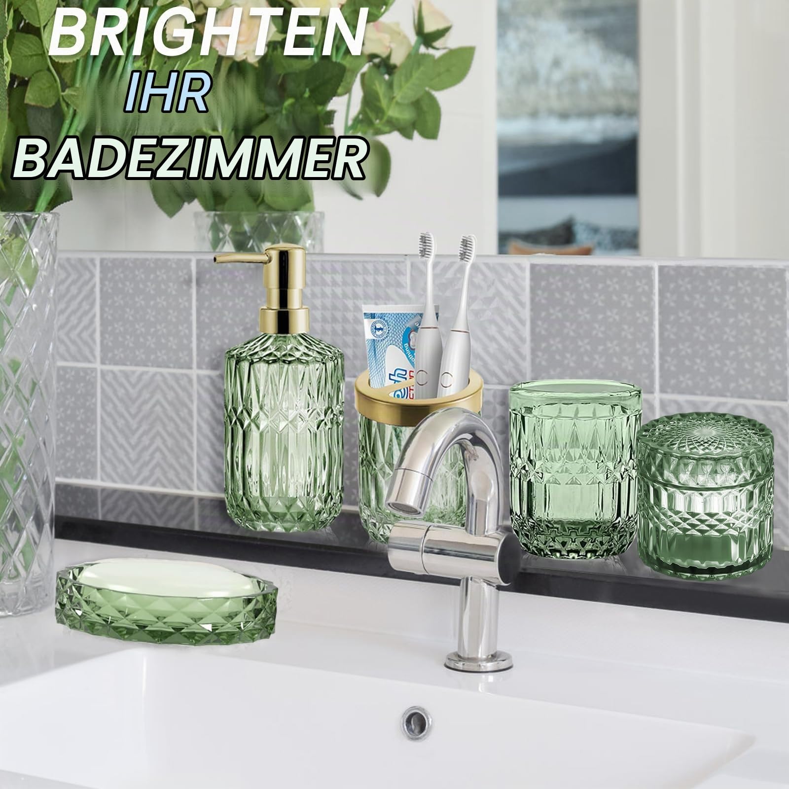 RUNQIN Seifenspender Zahnputzbecher Set, 5 Badezimmer Set mit Zahnbürstenhalter, Zahnputzbecher,Seifenschale,Seifenspender,Wattestäbchen Gläser, Bad ZubehöR Set für Edle Badezimmer Deko in Grünes Glas
