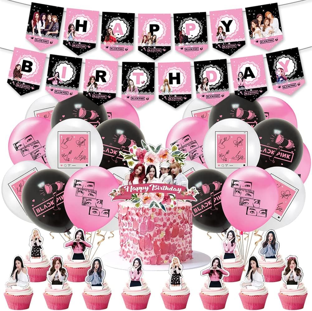 Party Supplies - 44Pcs Black-pink Balloons, Banner, and Cake Topper for Girls Kids Birthday Party Decoration