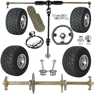 32" Racing Go Kart Rear Axle Complete Kit 5" Wheels Rain Tires Front Steering Assembly Brake 420 Sprocket for DIY Part ATV Quad Go Cart Drift Trike Karting Buggy Tricycle