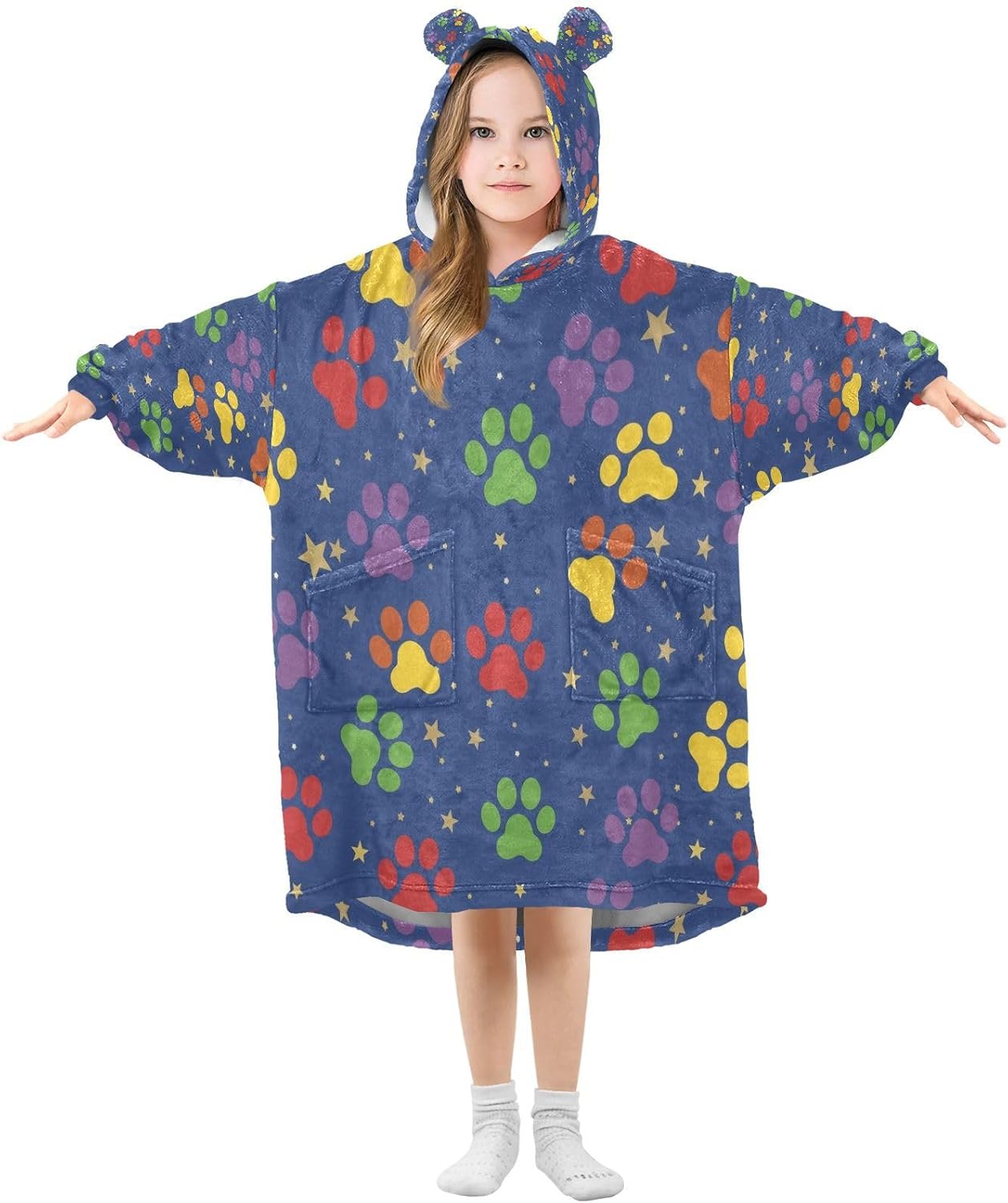 Kigai Dog Paws Wearable Blanket Hoodie for Kids Oversized Hooded Sweatshirt Flannel Blanket with Pocket