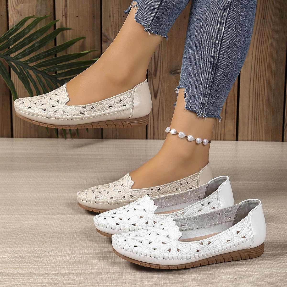 Mocasines planos para mujer, diseño floral, huecos, transpirables, ligeros, ortopédicos, sin cordones, zapatos de ballet anchos ortopédicos, White, 39.5 EU