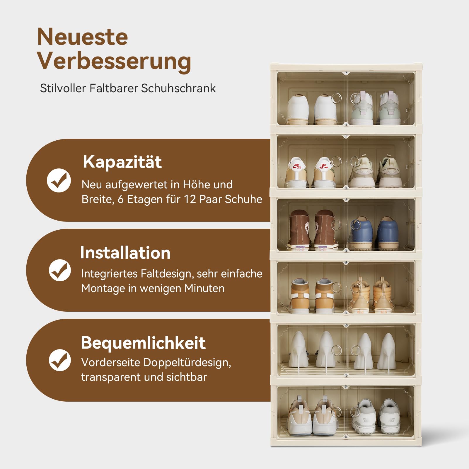 BTGGG Schuhboxen Stapelbar Transparent, 6 Etagen Faltbarer Schuhschrank für 12 Schuhe Kunststoff Schuhaufbewahrung Platzsparend Klappbarer Schuh Organizer Schuhkarton mit Haustür bis Größe 45