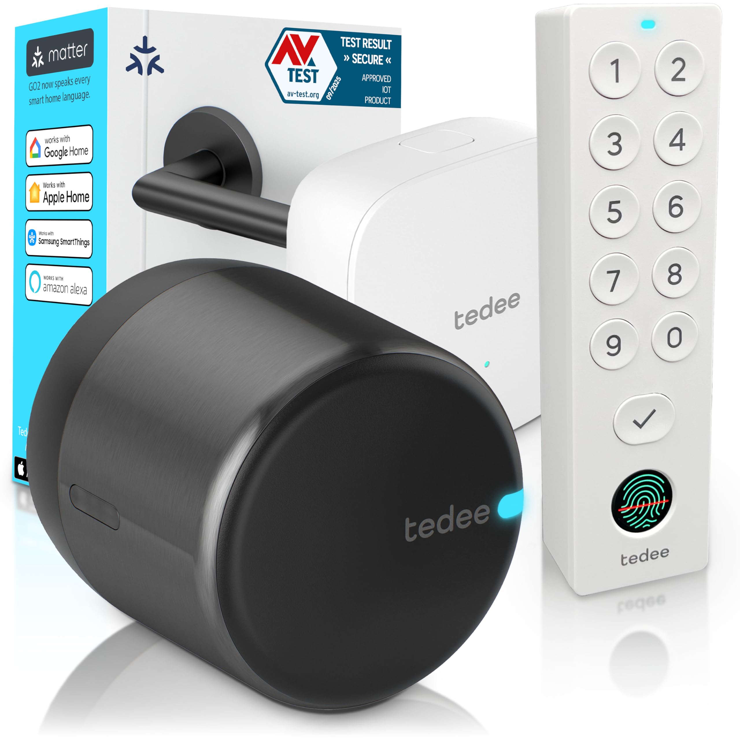 Tedee GO2 Alu Serrure Intelligente Connectée WiFi Bridge | Keypad PRO Empreinte Digitale, Code PIN, Accès à Distance, Entrée sans Clé | Compatible Matter, Alexa, Google Home, Apple, SmartThings