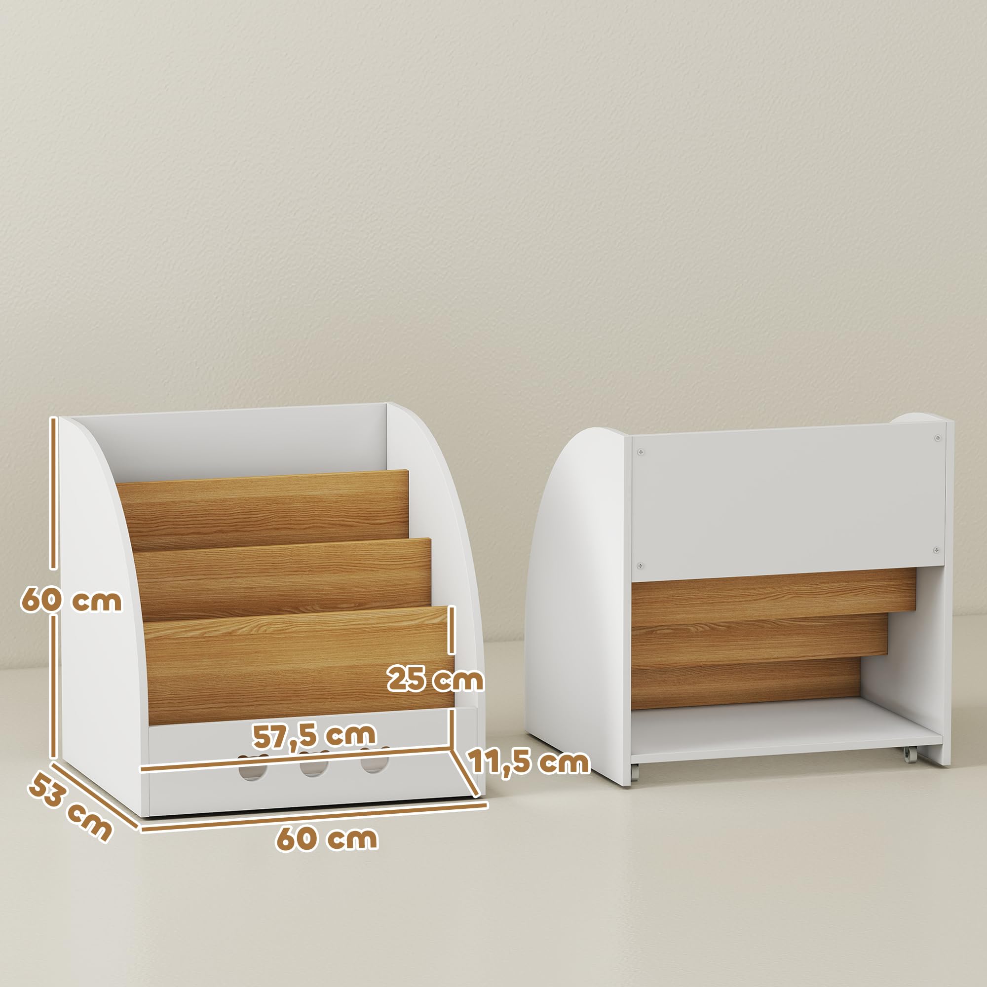 AIYAPLAY Estantería Infantil para Juguetes con Compartimento Oculto Organizador de Juguetes de 4 Niveles con Ruedas para Habitación Infantil Sala de Juegos Guardería Blanco y Natural